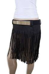 Black Wrap Around Long Skirt Faux Leather Fashion Belt Gold Metal Size S M